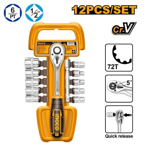 12 Pcs-ratchet handle 1/4" with10 Pcs 1/2" socketsطقم 12 قطعة مفتاح صامولة سيستيم اتوماتيك 1/2 بوصة