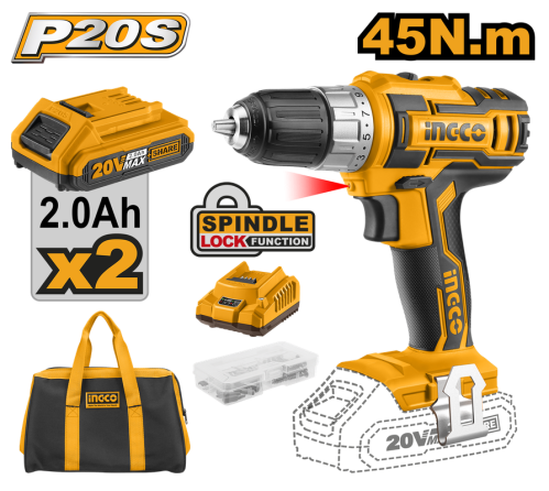 Lithium-Ion cordless drill 20V hammer & 2 battery 2Ah and charger 45Nm 47 Pcs accessoriesدريل شحن 20 فولت ليثيوم 2 بطارية+شاحن +47 قطعة روس فك مع شنطة