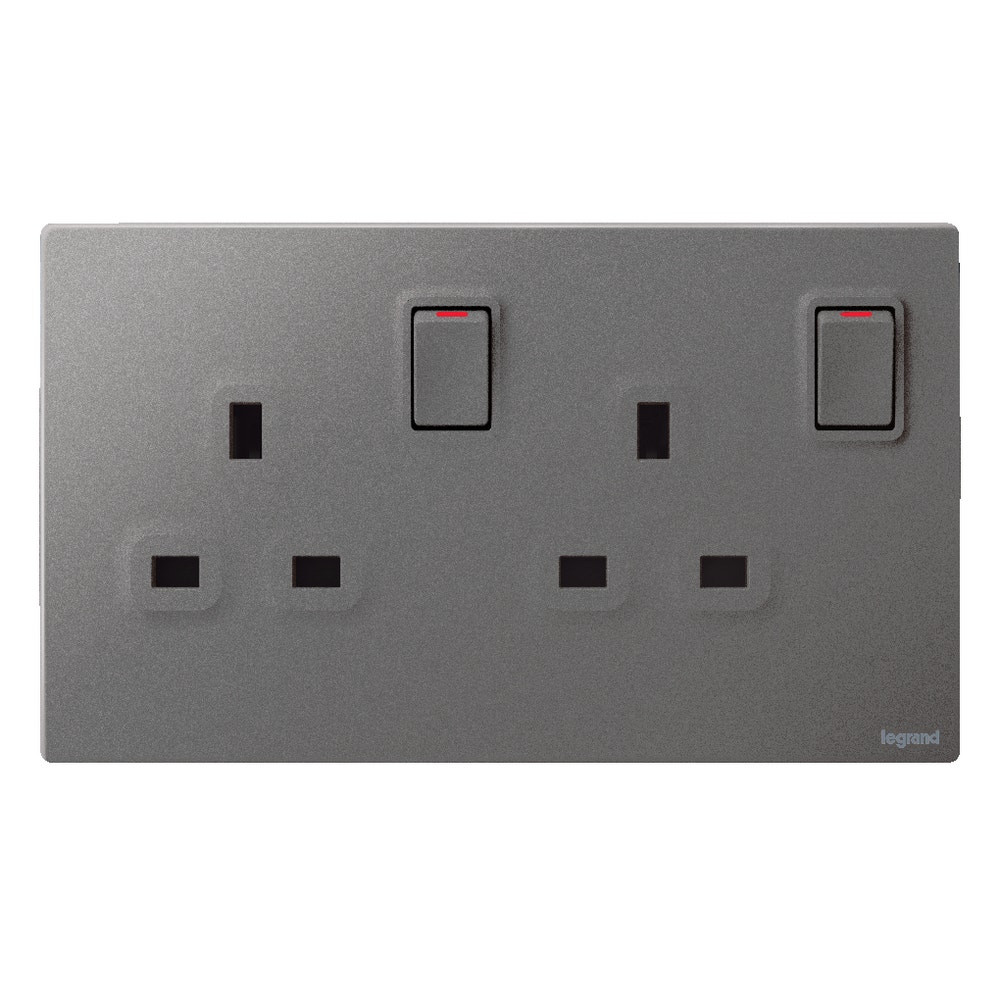 LEGRAND - British Standard Double Pole Socket Outlet Mallia, 2 Gang, Switched, 13 A, 250 V~, Dark Silver