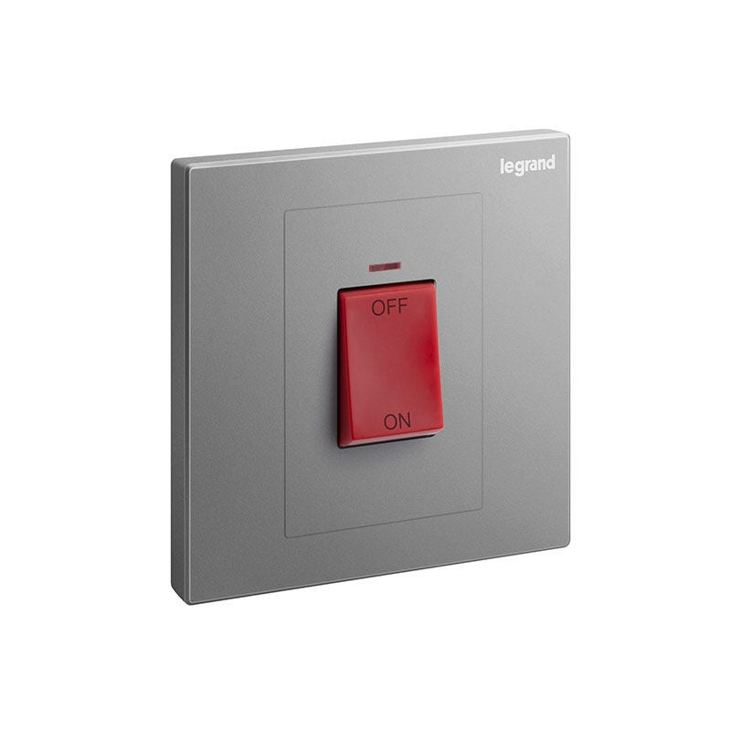 LEGRAND - Double Pole Switch Galion, 1 Gang, 45A, 250V, with Red Power Indicator and Red Rocker, Dark Silver