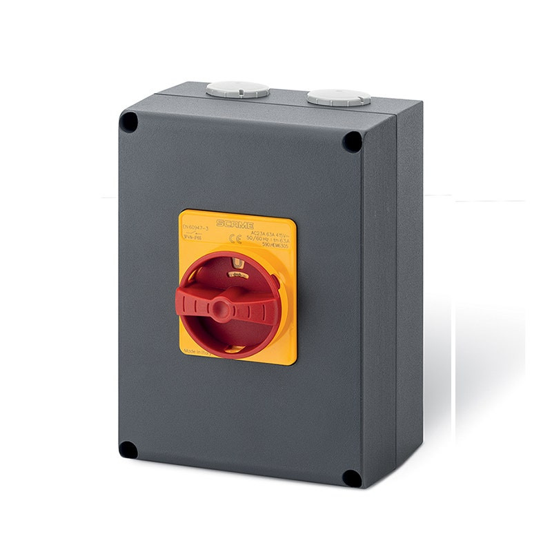 SCAME - Enclosed Switch Disconnector (AC22A/ AC23A), 63A, 3P+SN, IP66, 150x210x107mm, Y2 IK10, Emergency Yellow/Red, SN (Solid Neutral)