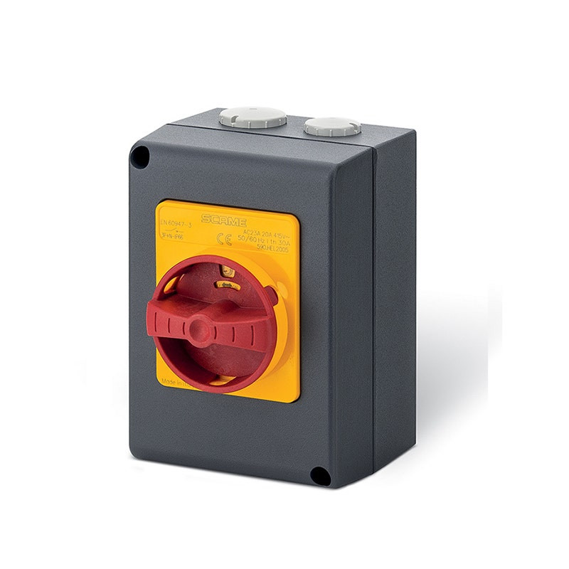 SCAME - Enclosed Switch Disconnector (AC22A/ AC23A), 20A, 3P+SN, IP66, 105x150x82mm, Y1 IK10, Emergency Yellow/Red, SN (Solid Neutral)