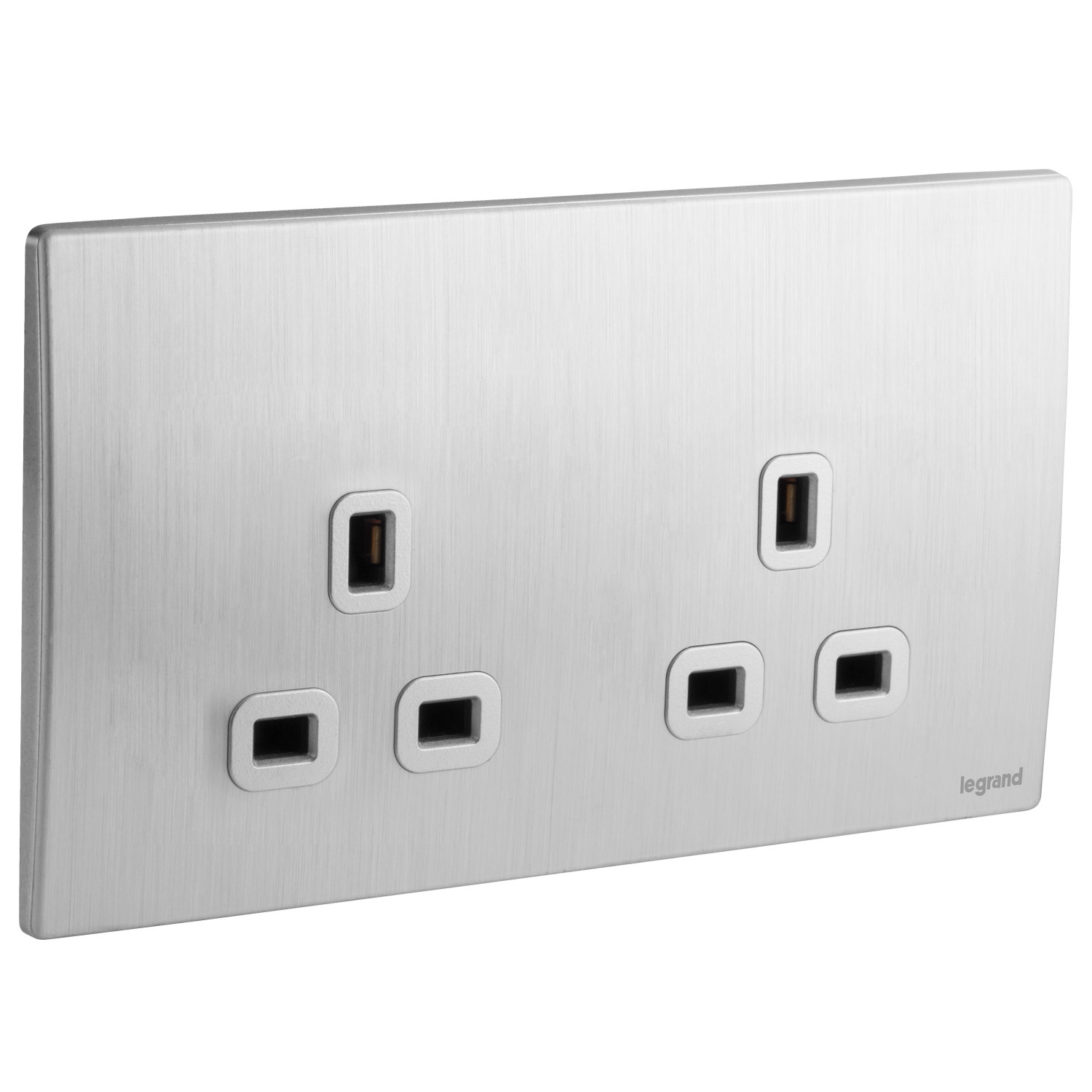 LEGRAND - British Standard Single Pole Socket Outlet Mallia, 2 Gang, Unswitched, 13 A, 250 V~, Brushed Aluminium