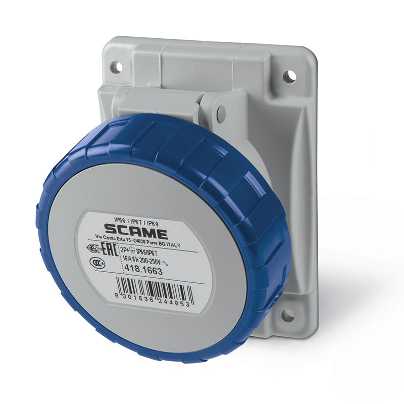 SCAME - Flush Mounting Socket, 16A, 2P+E, IP66/IP67/IP69, 220/250 V, 6H, 50Hz 60Hz, Screw Terminals