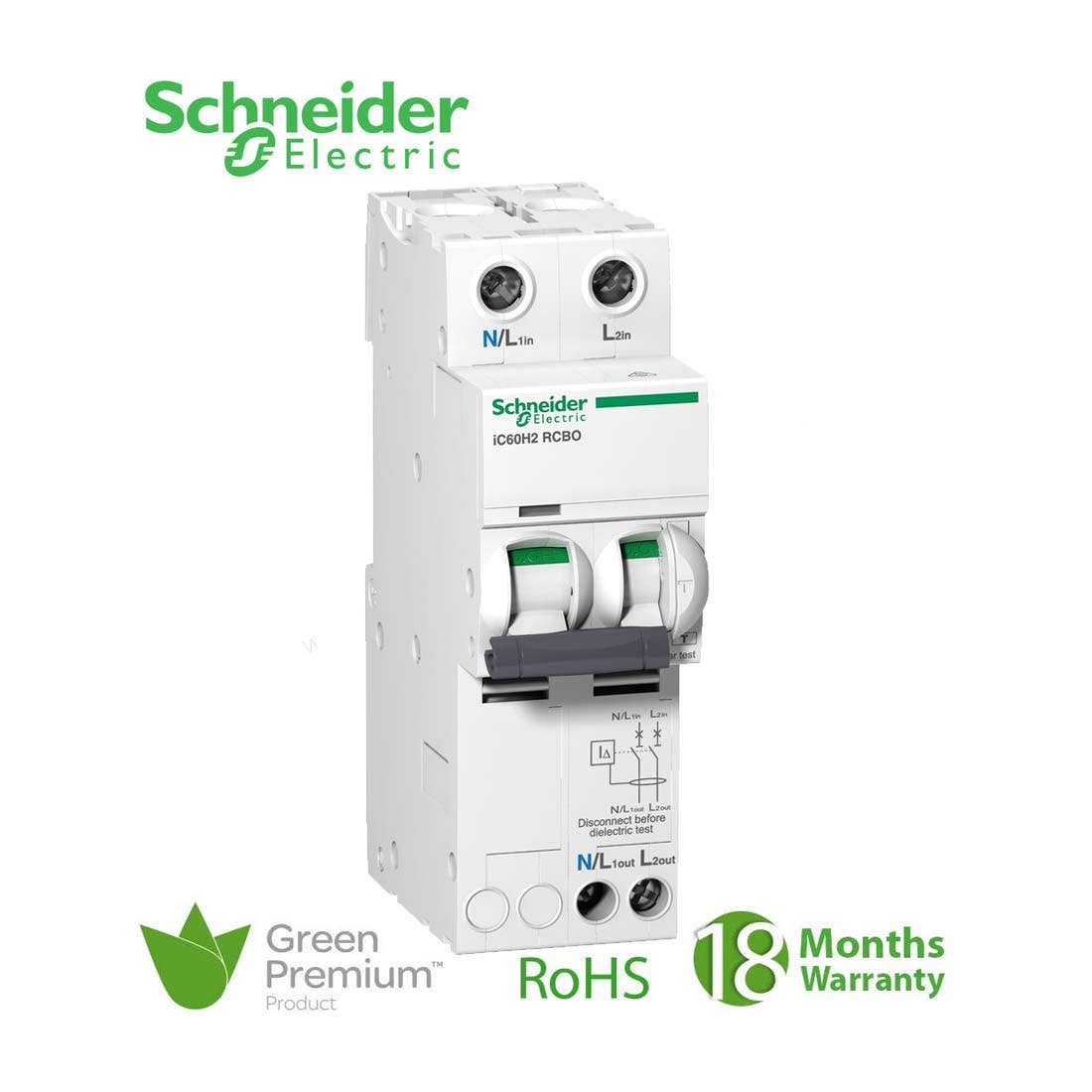 SCHNEIDER - RCBO Breaker, Acti9 iC60H2, Earth Leakage, 2P, C curve, 10A, 30mA, 240 V