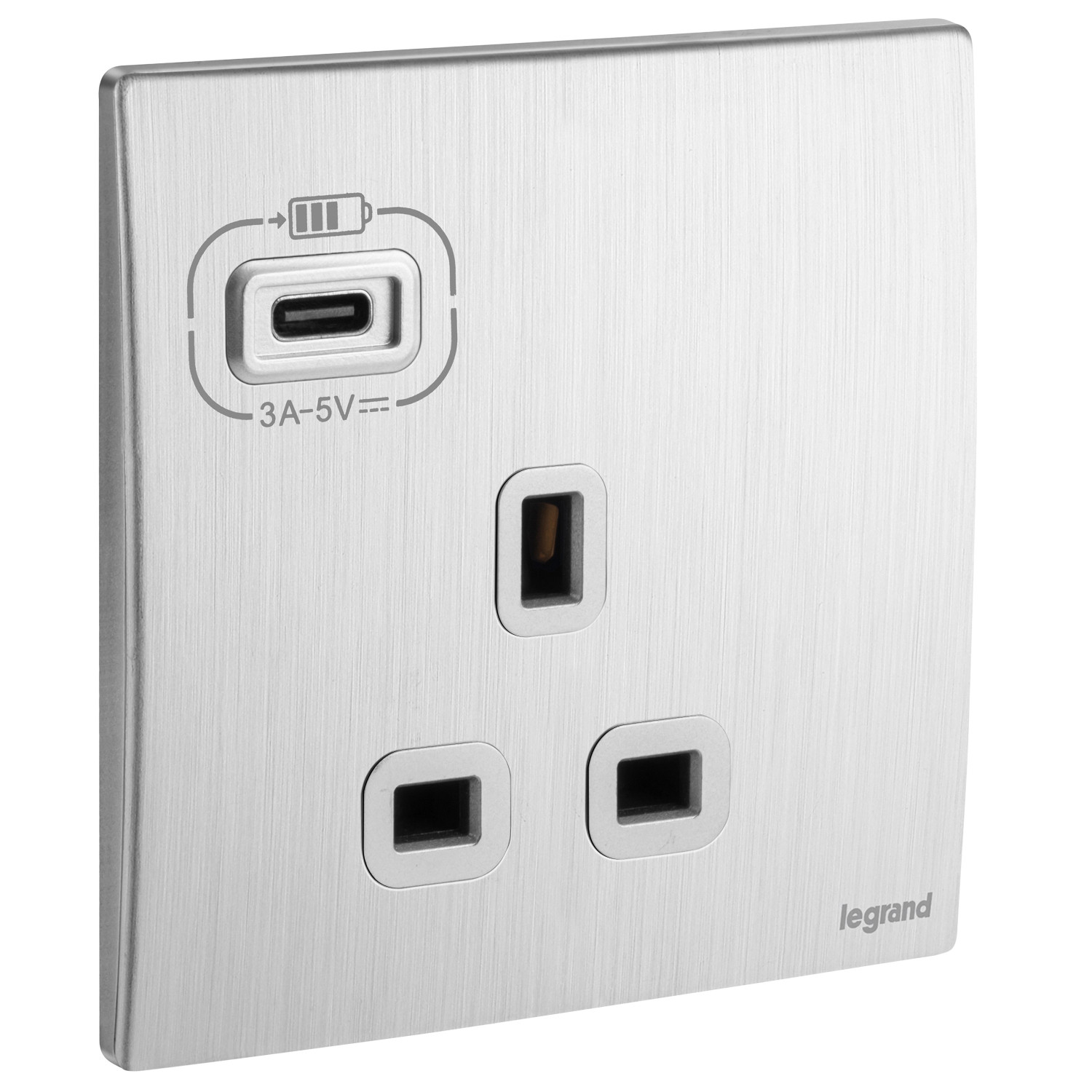 LEGRAND - British Standard Single Pole Socket Outlet with USB Type-C 3 A Charger Mallia, 1 Gang, Unswitched, 13 A, 250 V~, Brushed Aluminium