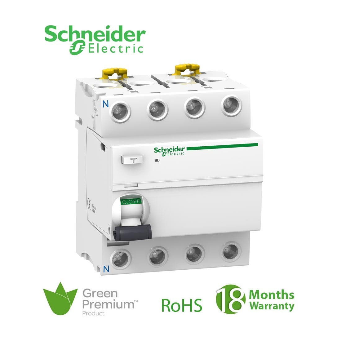 SCHNEIDER - RCCB Breaker, Acti9 iID, 4P, 63A, 100mA, Type A