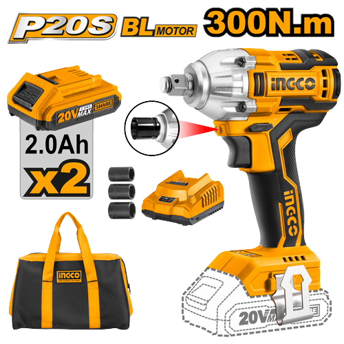 Lithium-Ion Impact Wrench1/2" 300Nm 2pcs 2.0AH Battery- Charger- Brushless Motor-BAG دريل شحن مفتاح ربط صدمي 1/2 انش 20 فولت -2 بطارية 2 امبير و شاحن وشنطة