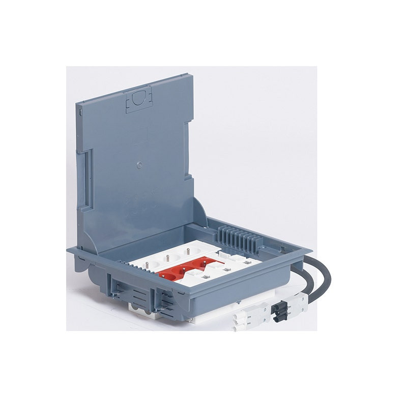 LEGRAND - Floor Box, Adjustable 75-105mm, 6x2P+E (3 Keyed) + 3xRJ45, 18 Modules, Pre-Wired, with Cover