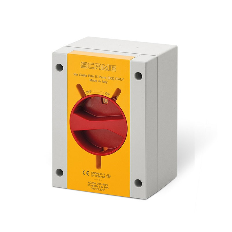 SCAME - Enclosed Switch Disconnector (AC22A/ AC23A), 20A, 1P+SN, IP66/IP69, 110x150x87mm, Y1 IK09, General Yellow/Red, SN (Solid Neutral), Lockable On-Off, GW 650°C