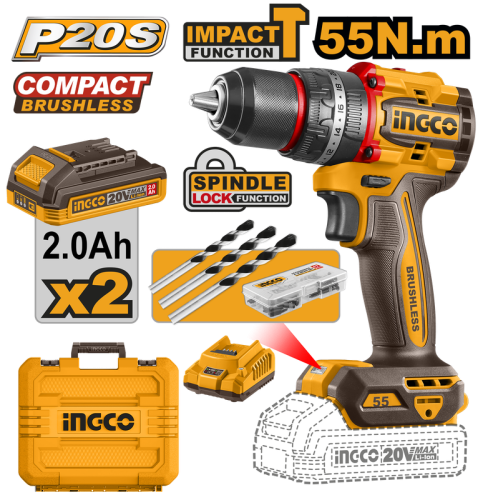 Compact Brushless Cordless Impact drill 20V hammer & 2 battery 2Ah and charger 55Nm دريل شحن 20 فولت شاكوش 2 بطارية+شاحن مع شنطة