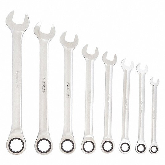 Combination Wrench Set, Alloy Steel, Chrome, 8 Tools, 5/16 in to 3/4 in Range of Head Sizes