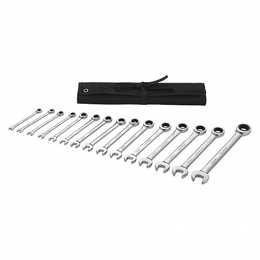 Combination Wrench Set, Alloy Steel, Chrome, 15 Tools, 6 mm to 20 mm Range of Head Sizes