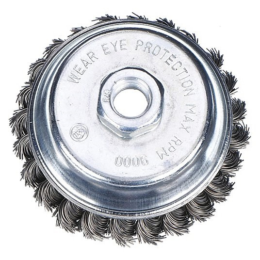 Knotted Wire Cup Brush, 4 in , Arbor Hole Mounting, 0.020 in Wire Dia. 1 in Bristle Trim Length