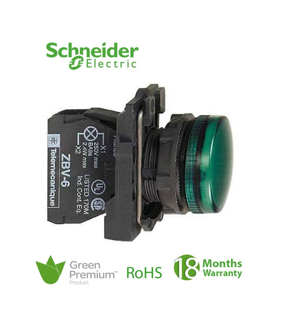 SCHNEIDER - Green Complete Pilot Light Ø22 Plain Lens With Integral Led 110-120V