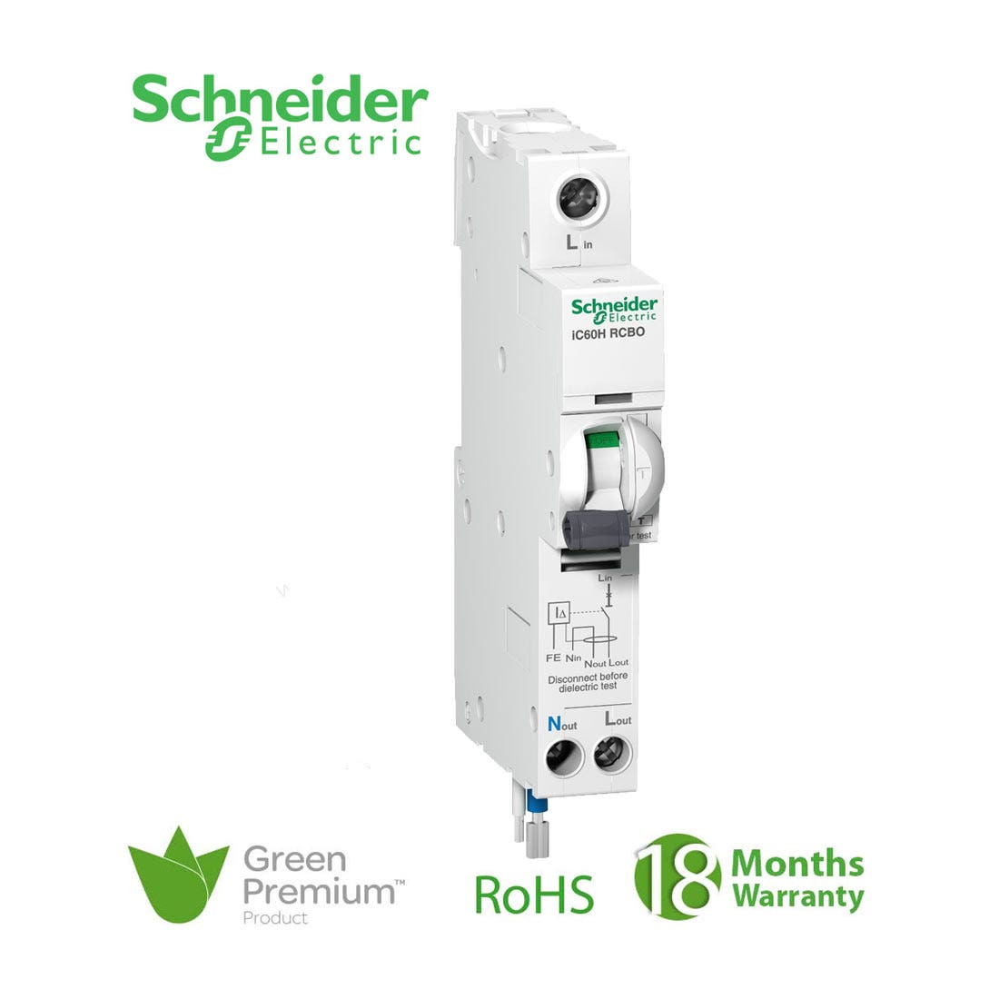 SCHNEIDER - RCBO Breaker, Acti9 iC60H, Earth Leakage, 1P + Ns, C curve, 16A, 100mA, 240 V