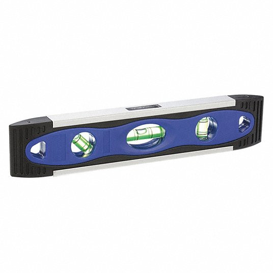 Torpedo Level, 9 in Lg, 3 Vials, Blue, Top Read, Plastic, Magnetic