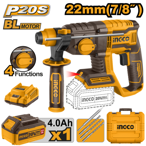 Cordless rotary hammer 20V -22mm with 3 drill bits ,1 chisel, 4.0Ah battery , 1charger دريل حفر وتكسير شحن 20 فولت 22 ملى مع بطارية 4 امبير وشاحن و3 ريشة وريشة تكسير