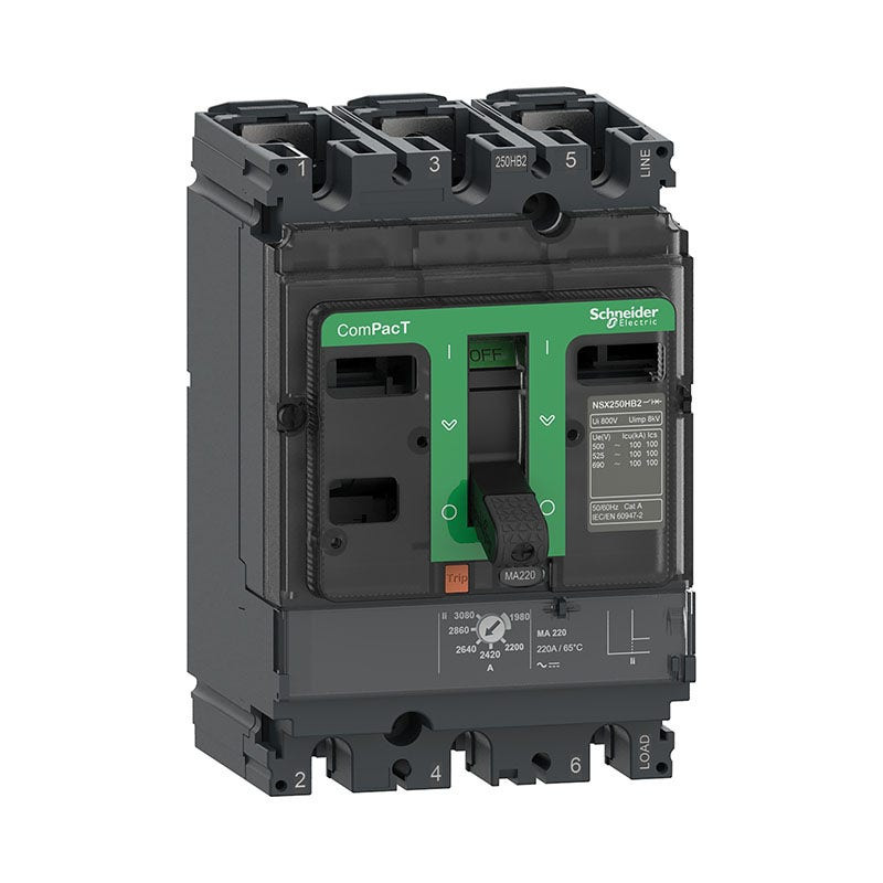 SCHNEIDER - MCCB Breaker, ComPacT NSX250F, 36kA at 415VAC, MA Trip Unit 220A, 3P 3D