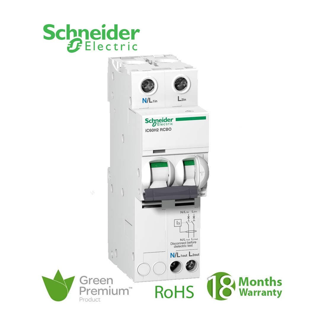 SCHNEIDER - RCBO Breaker, Acti9 iC60H2, Earth Leakage, 2P, C curve, 32A, 30mA, 240 V