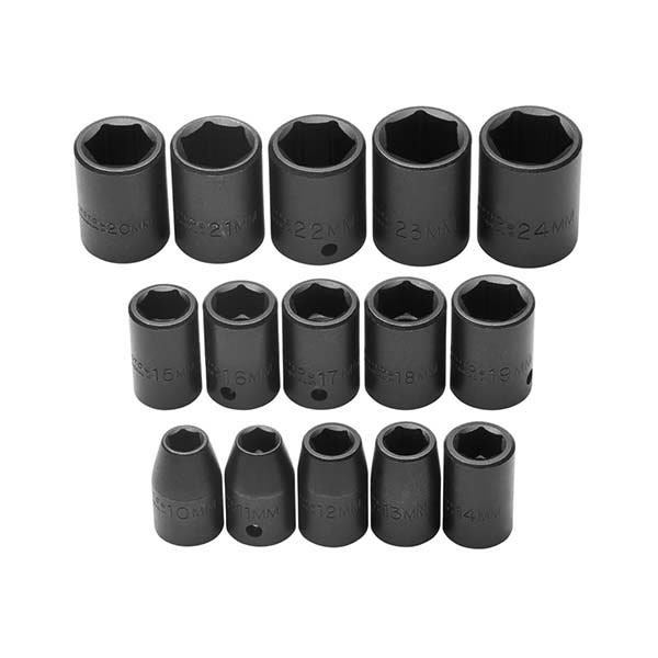 PROTO - 1/2" Drive Metric Impact Socket Set, 15 Pieces, 6 Point