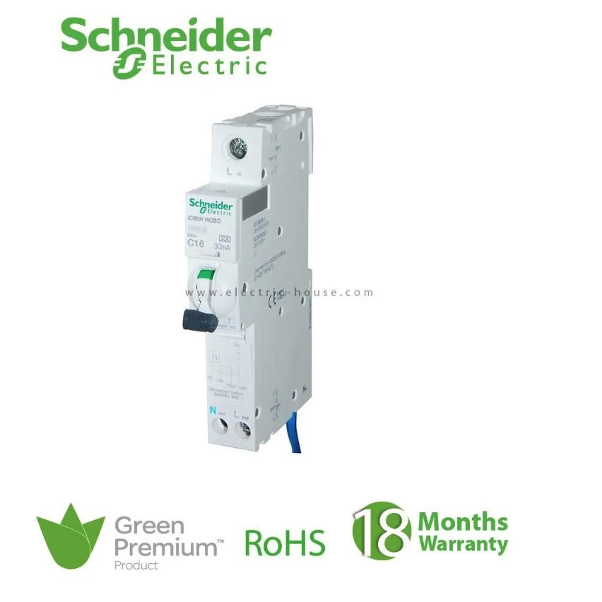 SCHNEIDER - RCBO Breaker, Acti9 iC60H, Earth Leakage, 1P + Ns, C curve, 10A, 30mA, 240 V