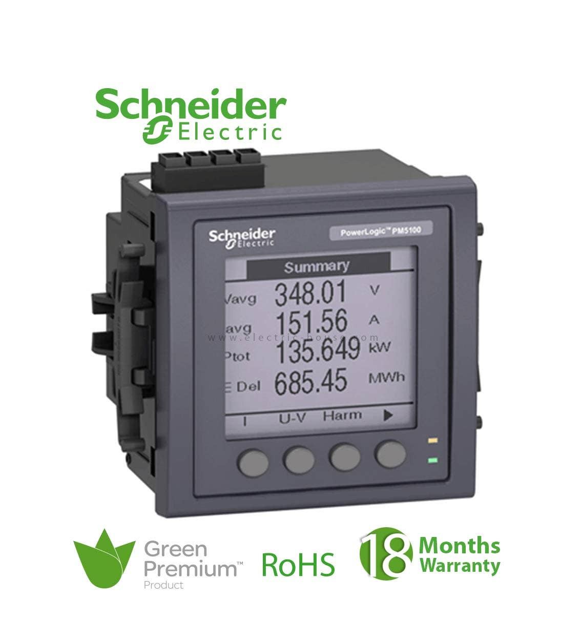 SCHNEIDER - Pm5100 Powermeter W/O Modbus, Upto 15Th H, 1Do 33Alarms, Flush Mount