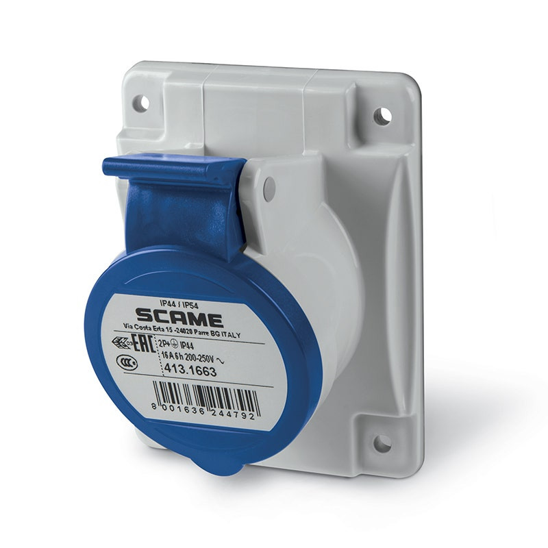 SCAME - Flush Mounting Socket, 16A, 2P+E, IP44/IP54, 220/250 V, 6H, 50Hz 60Hz, Screw Terminals