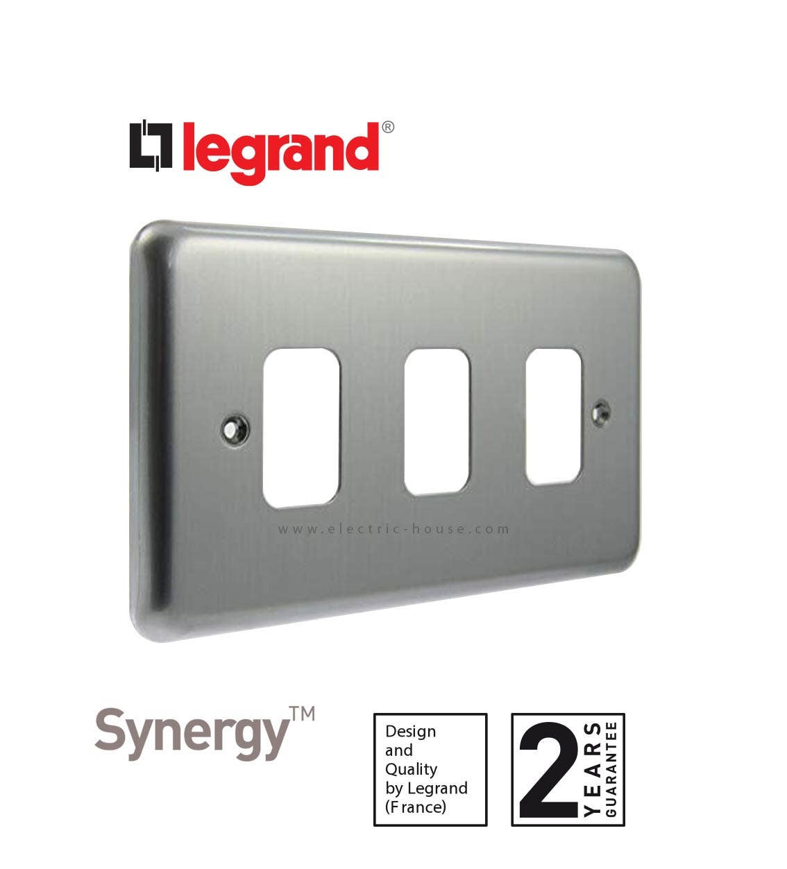 LEGRAND - Front Plate Synergy, for 3 Grid Modules, 2 Gang, Authentic Brushed Stainless Steel