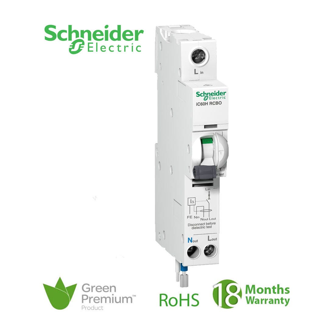SCHNEIDER - RCBO Breaker, Acti9 iC60H, Earth Leakage, 1P + Ns, C curve, 25A, 100mA, 240 V