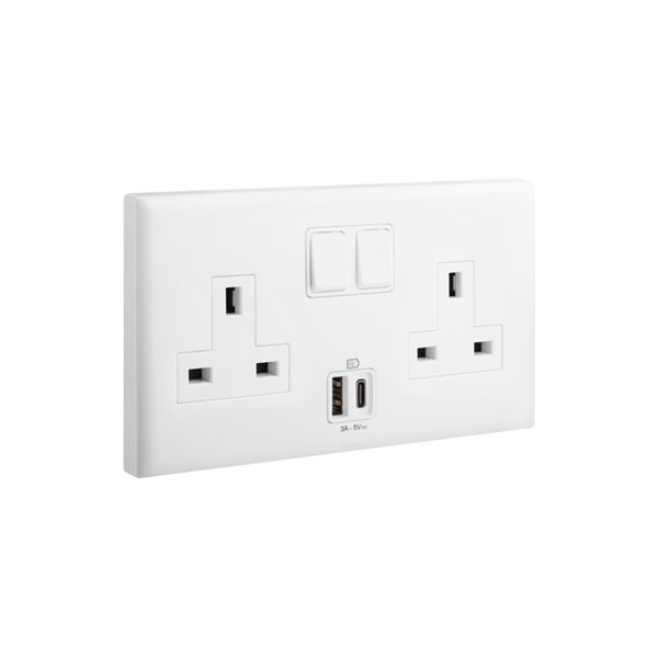 LEGRAND - Socket Eloe, BS, 2 Gang, Single Pole, Switched + USB A + USB C, 13A, 250V, White