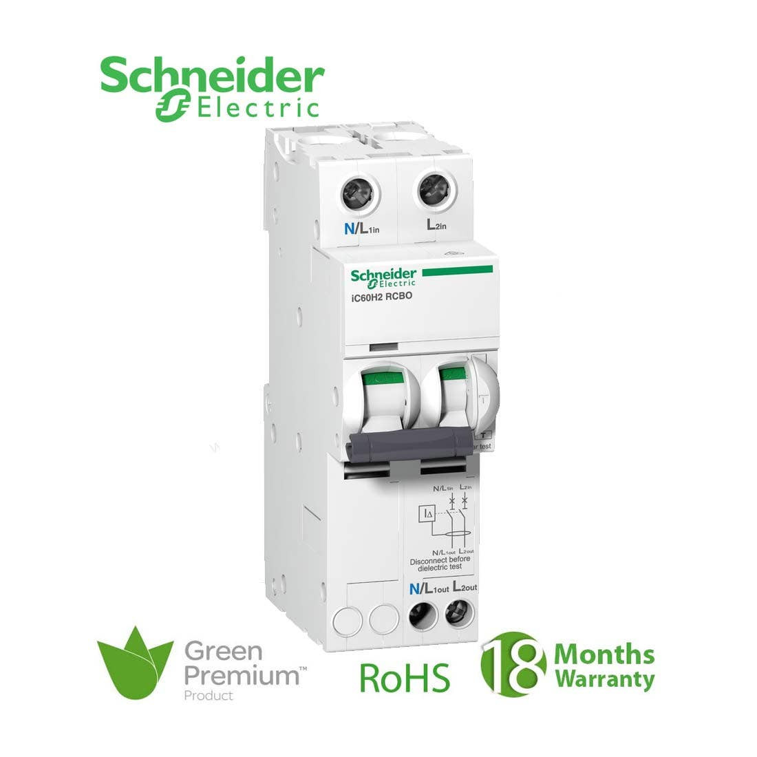 SCHNEIDER - RCBO Breaker, Acti9 iC60H2, Earth Leakage, 2P, C curve, 25A, 30mA, 240 V