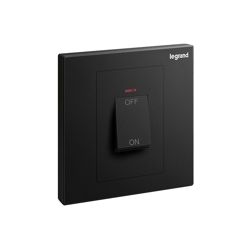 LEGRAND - Double Pole Switch Galion, 1 Gang, 45A, 250V, with Red Power Indicator, Matt Black