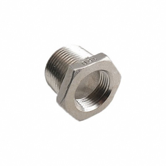 Hex Bushing: 316 Stainless Steel, 3/8Inch x 1/4Inch Fitting Pipe Size, Male NPT x Female NPT, Overall Length 23 mm