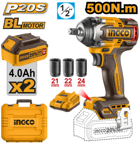 Lithium-Ion Impact Wrench1/2" 500Nm 2pcs 2.0AH Battery- Charger- Brushless Motor-BAG دريل شحن مفتاح ربط صدمي 1/2 انش 20 فولت -2 بطارية 4 امبير و شاحن وشنطة