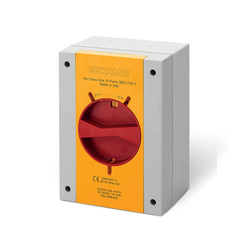 SCAME - Enclosed Switch Disconnector (AC22A/ AC23A), 100A, 3P+SN, IP66/IP69, 160x220x115mm, Y4 IK09, General Yellow/Red, SN (Solid Neutral), Lockable On-Off, GW 650°C