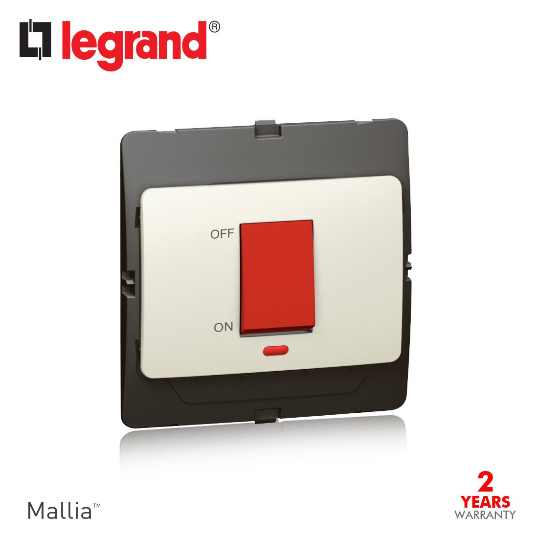 DISCONTINUED LEGRAND - Double Pole Switch Mallia, 1 Gang, 1 Way Indicator + Cooker Marking, 45 A