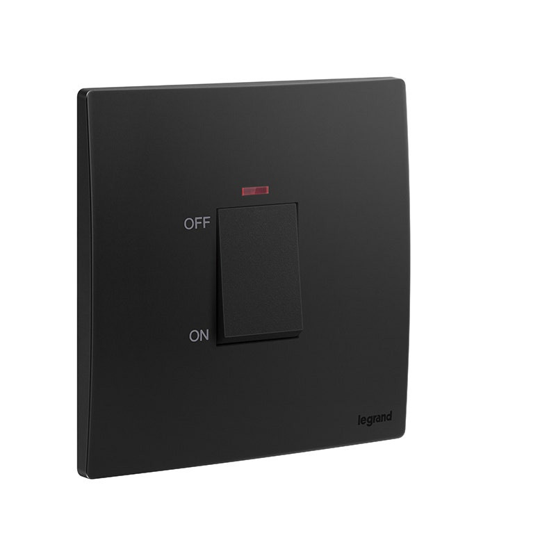 LEGRAND - Double Pole Switch Mallia Senses, HK, 1 Gang, 1 Way, 45A, 250V, with Red Indicator, Matt Black