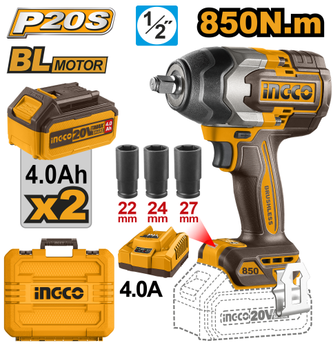 "Lithium-Ion Impact 20V Square drive:1/2"" 850Nm دريل شحن مفتاح ربط صدمي 1/2 انش 20 فولت 850 ان ام مع 2 بطارية 4 امبير و شاحن وشنطة"