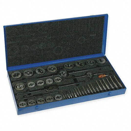Tap and Die Set: 45 Pieces, 1/4 inch-20 Min. Tap Thread Size, 1 inch -14 Max. Tap Thread Size