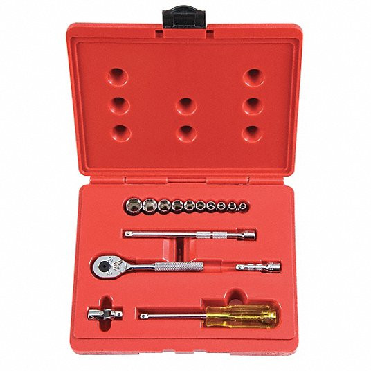 Socket Wrench Set, Socket Size Range 3/16 inch to 9/16 inch, Drive Size 1/4 inch, Drive Type Hand, Chrome