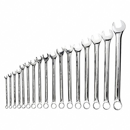 Combination Wrench Set, Alloy Steel, Chrome, 17 Tools, 7 mm to 27 mm Range of Head Sizes