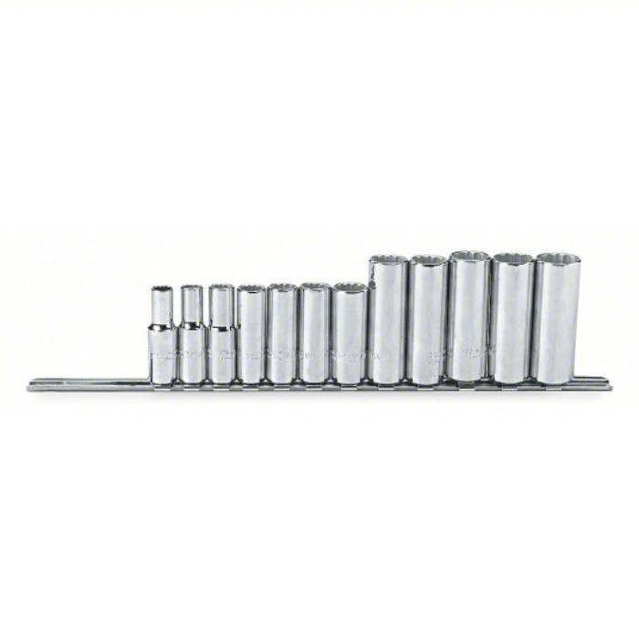 Socket Set, 3/8 inch Drive Size, 12 Pieces, 8 mm to 19 mm Socket Size Range, (12) 12-Point