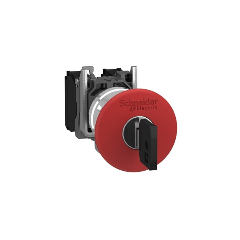 SCHNEIDER - Emergency Stop Push Button, Harmony XB4, Metal, Red Mushroom 40mm, 22mm, Trigger Latching Key Release, 1NC