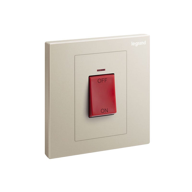 LEGRAND - Double Pole Switch Galion, 1 Gang, 45A, 250V, with Red Power Indicator and Red Rocker, Champagne