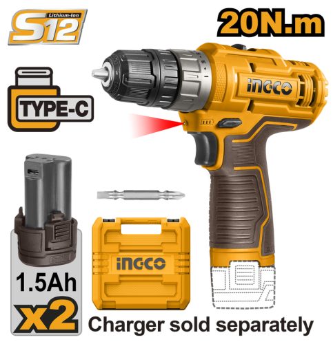 Lithium-Ion cordless drill12V & USB Type-C- 2 battery 1.5Ah;12V- 20Nm دريل شحن 12 فولت 2 بطارية