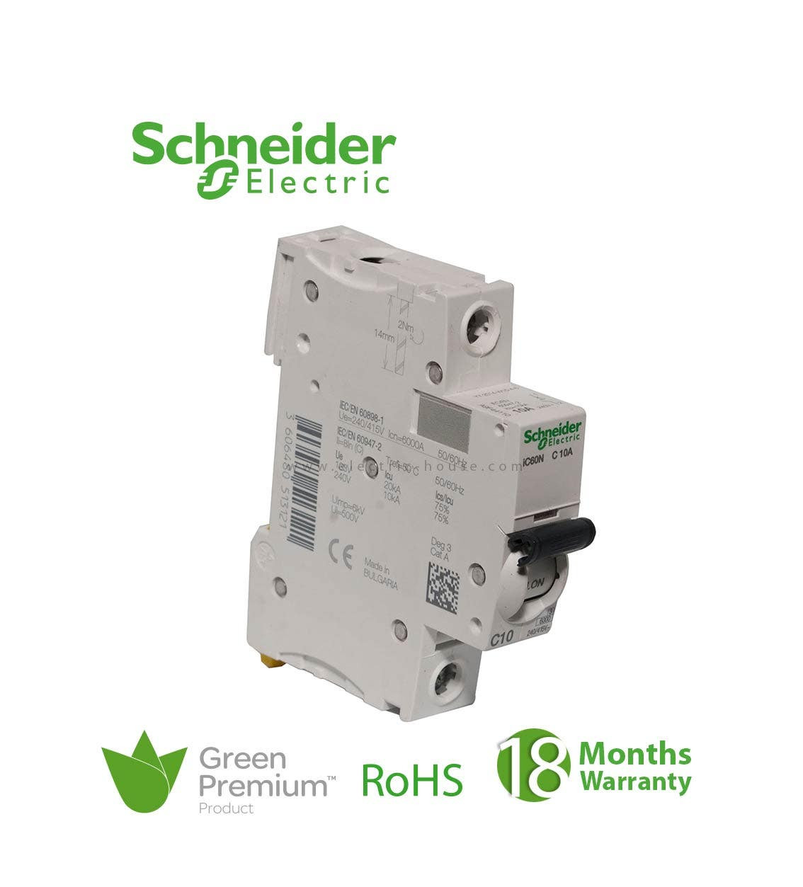 شنايدر - قاطع فرعي 1 خط - 10 أمبير - Acti9 iC60N, 1P, 10A, C Curve