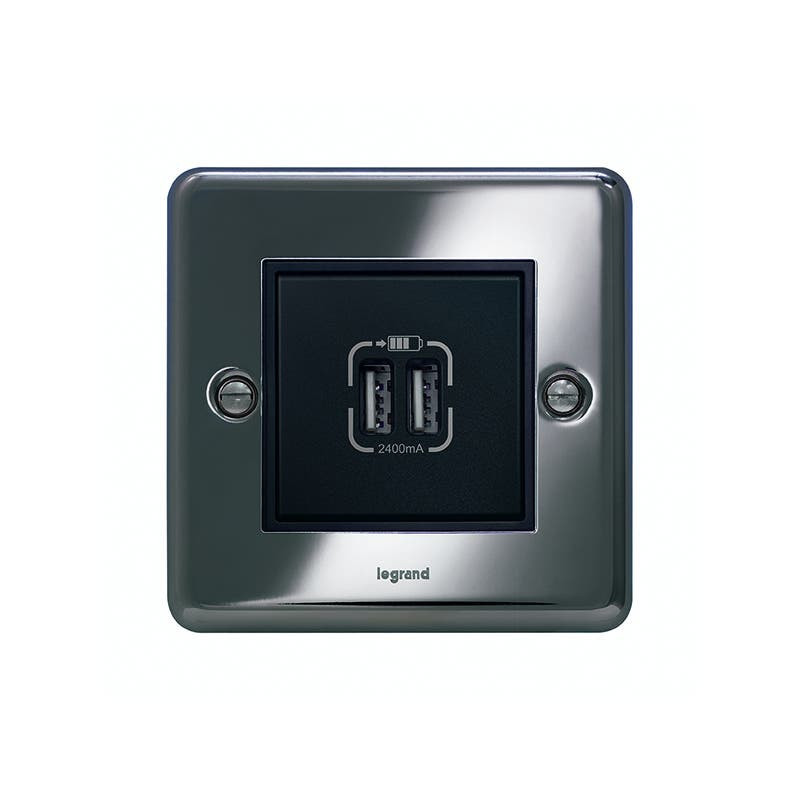 LEGRAND - Double USB Charger Synergy Authentic, Type A, 5VDC, 2400mA, 12W, Polished Stainless Steel