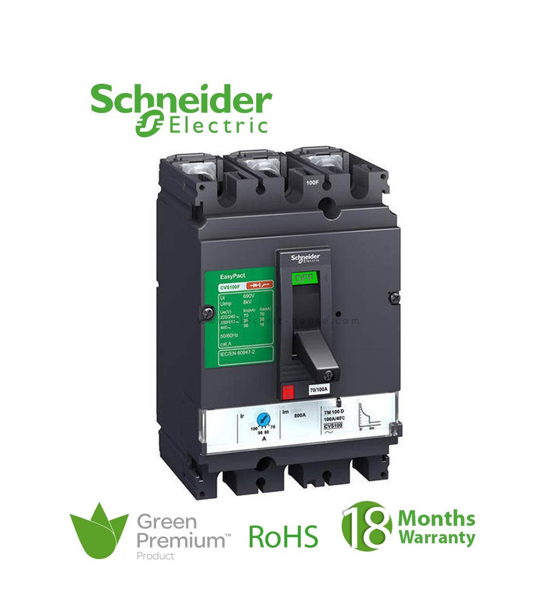 SCHNEIDER - MCCB Breaker, EasyPact CVS630F, 36kA at 415 VAC, 630 A ETS 2.3 electronic trip unit, 3P 3d