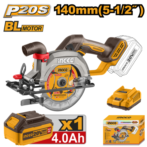 Cordless circular saw 140mm 20V With charger and battery 4 Ahمنشار خشب صينية شحن 20 فولت ليثيوم مع بطارية 4 امبير وشاحن